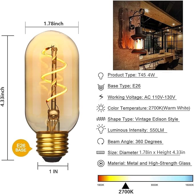 4 Pack T45/T14 LED Light Bulbs, 4W 2700k 550Lm Vintage Edison Bulbs 40 Watt Equivalent, Amber Tube Bulbs Warm Yellow,Decoration Amber Glass Retro Tubular Style Glass Light Bulbs