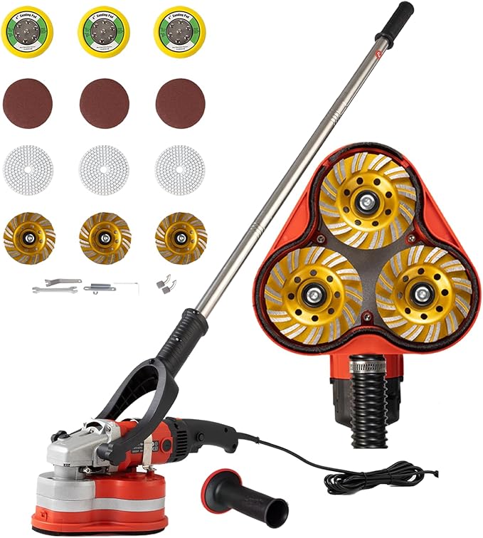 Electric Diamond Polisher Machine+Telescopic Rod 3800W 6 Speed Gears Triple Head Concrete Diamond Grinder for Metal,Stone,Cement Brick Surface Grinding,Epoxy Resin Removal Rock Granite