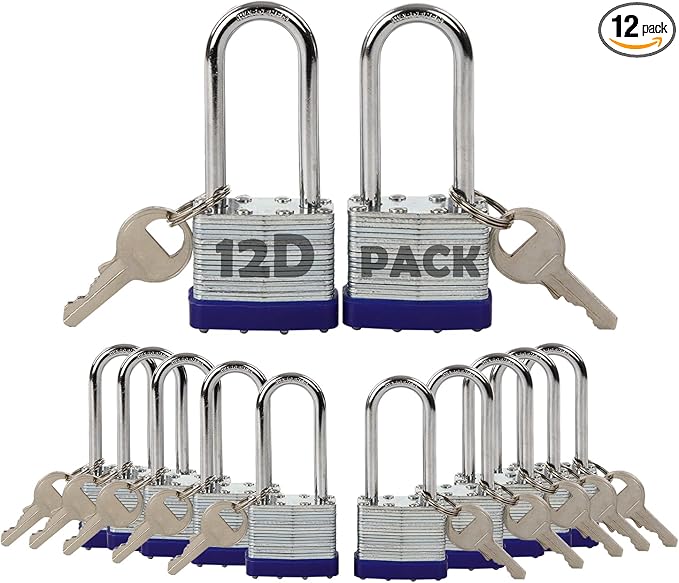 SEPOX® 12Pcs Set Laminated-Padlocks with Key Different, Extra Long-Shackle, 1-9/16" 40MM Heavy-Duty Steel Lock Body Each Lock with 2 Big Key for Outdoor & Indoor Lockers-Locks, Fence, Gate, Tool-Box