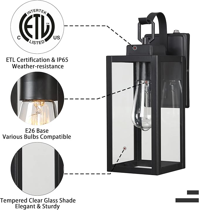Pia Ricco Outdoor Wall Lights, Dusk to Dawn Matte Black Exterior Light Fixture with Clear Glass Shade, Photocell Sensor Front Porch Lighting, Modern Sconce Lantern for House, Garage, Patio, ETL Listed