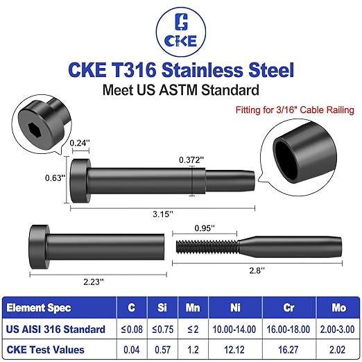 CKE 20 Pack Black Invisible Cable Railing Kits, 3/16" Black Stainless Steel Invisible Receiver and Swage Tensioner Stud End for 2x2 4x4 Wood Metal Post Deck Stairs, Cable Railing Hardware, BCR31