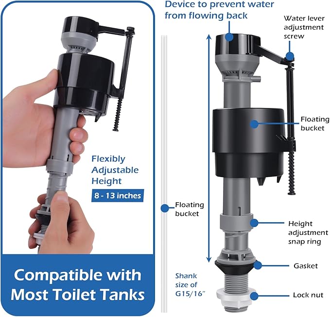 16 Pieces Adjustable Toilet Fill Valve Replacement Kit with Gloves, Quiet Toilet Flush Valve for Tank and Bowl, Universal Toilet Valve Replacement Set (8–13 in, G15/16")