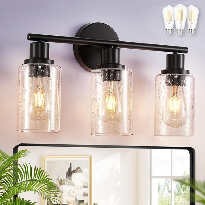 DLLT 3-Light Bathroom Light Fixtures: Black Modern Vanity Lights with 3 E26 Bulbs - Bubbled Glass Shade Bathroom Wall Lamp for Mirror Kitchen Living Room Hallway Cabinet Porch