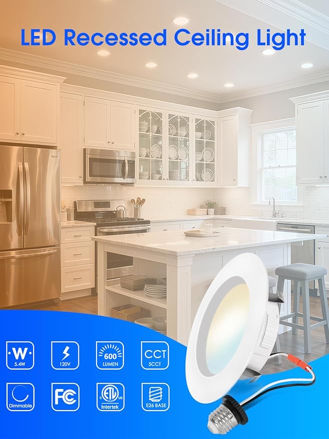 Energetic 6 Pack 4 Inch 5CCT Retrofit Recessed Ceiling Lighting, LED Can Lights, Dimmable Downlight, 5.4W, Equivalent 45W, 2700K/3000K/4000K/5000K/6500K Selectable, Damp Rated, Baffle Trim, ETL