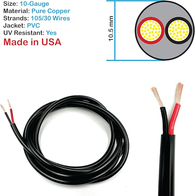 NATIONAL Wire & Cable – 10 AWG 2-Conductor Premium Copper Wire, 50 ft, Stranded | Made in USA, Heavy-Duty Flexible Jacket | Automotive, Solar, Battery, Indoor and Outdoor Use