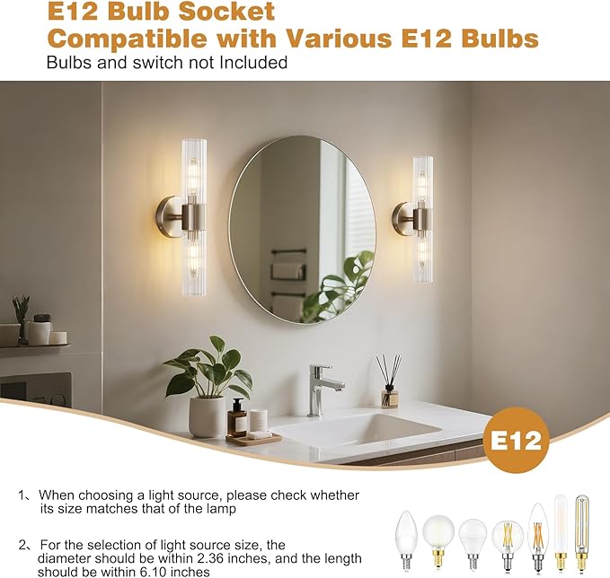 Bathroom Light Fixtures 2-Light, Modern Vanity Light for Bathroom, Wall Sconce, Bath Light with Glass Rods Shades for Mirror Bedroom Hallway (Brushed Nickel)