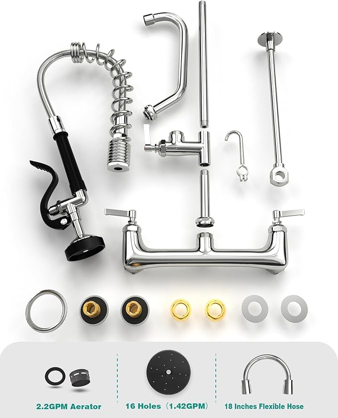 Commercial Wall Mount Kitchen Sink Faucet Brass Constructed Polished Chrome Pre-Rinse Device 25" Height 8" Center with Spring Pull Down Sprayer and 12" Add-on Spout (25 inches)