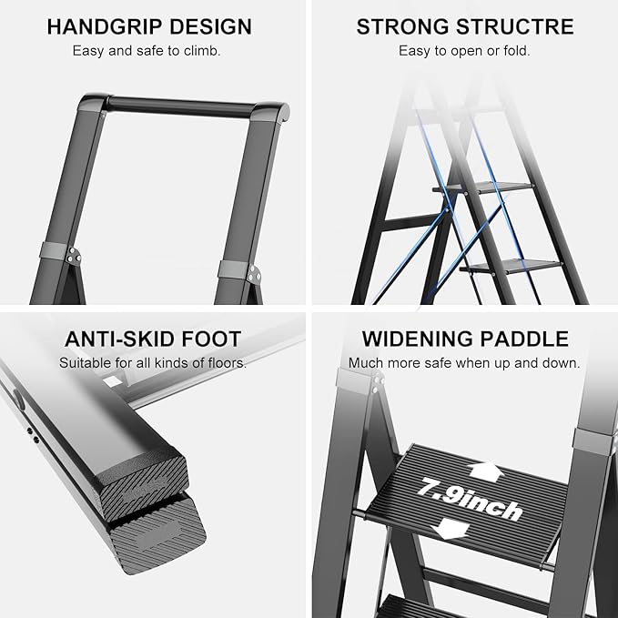 GameGem 6 Step Ladder for 12 Feet High Ceiling, Lightweight Aluminum Folding Step Stool with Convenient Handgrip, Stepladders with Anti-Slip and Wide Pedal for Home Use Space Saving - Black