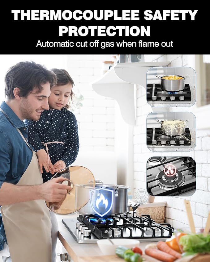 24 Inch Gas Cooktop, Propane Stove Top with 4 ITALY SABAF Sealed Burners 27,400 BTU, NG/LPG Convertible Built-in Stainless Steel Stovetop with Thermocouple Protection for Rvs Kitchen Outdoor