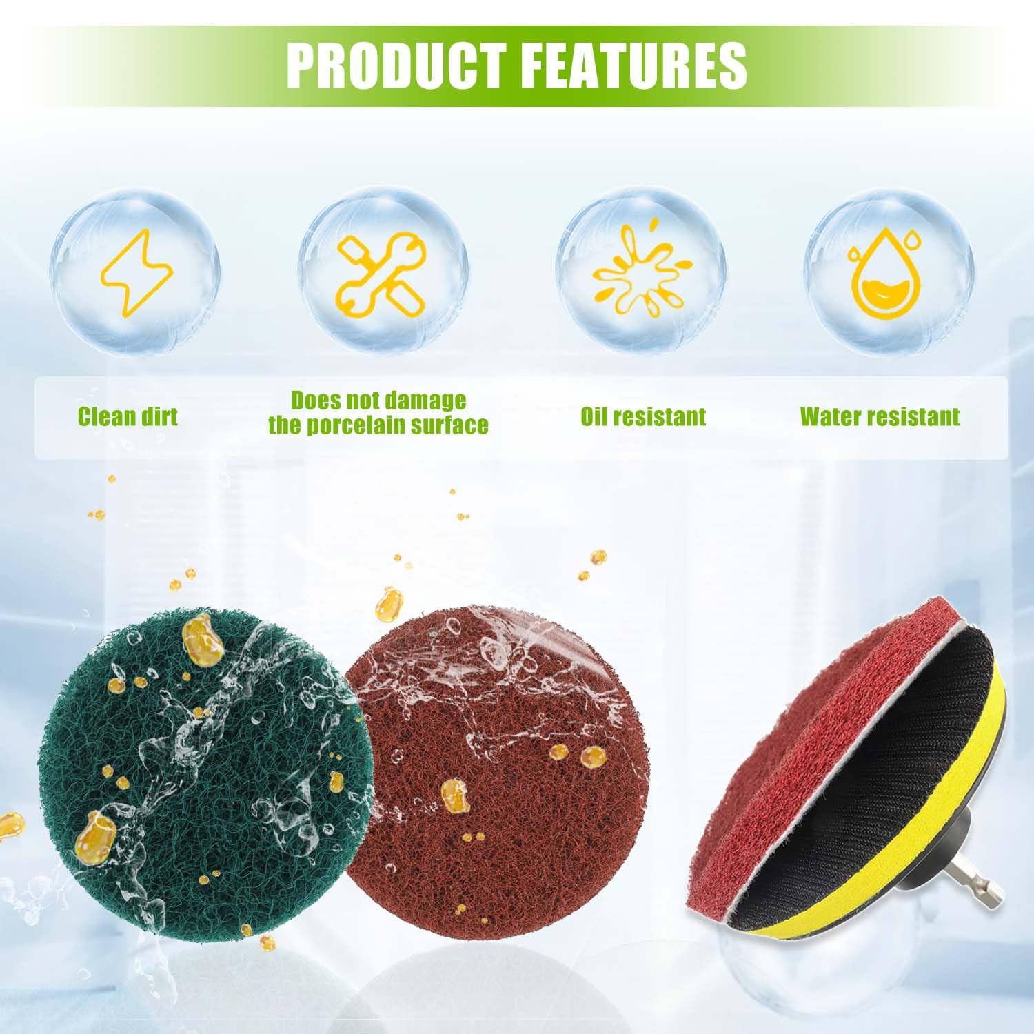 4 Inch Scrub Drill Brush Power Scouring Pads Household Cleaning Set for Kitchen Bathroom 4 Red Pads 4 Green Pads 1 Drill Attachment and 1 Universal Shaft