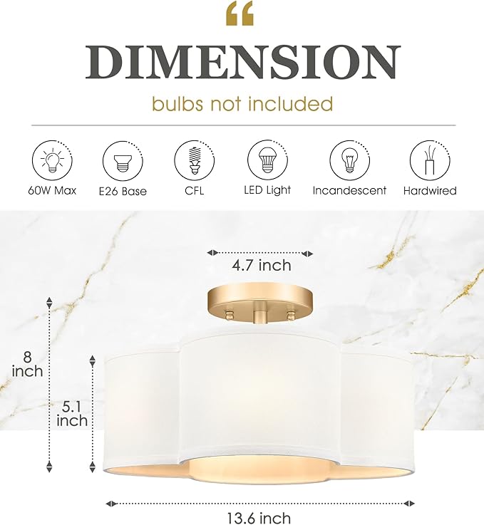 Gold Semi Flush Mount Ceiling Lights, 14" 4-Light Ceiling Light Fixtures with Fabric Shade in Quatrefoil Shape, Farmhouse Brass Drum Lighting for Kitchen Hallway Bedroom, AD-22007-4SF-GD
