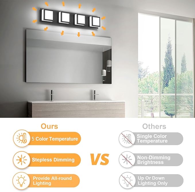 4-Light Bathroom Lighting Fixtures Over Mirror (5CCT, Dimmable), Black Led Modern Vanity Light for Bathroom (3000K/3500K/4000K/5000K/6000K)