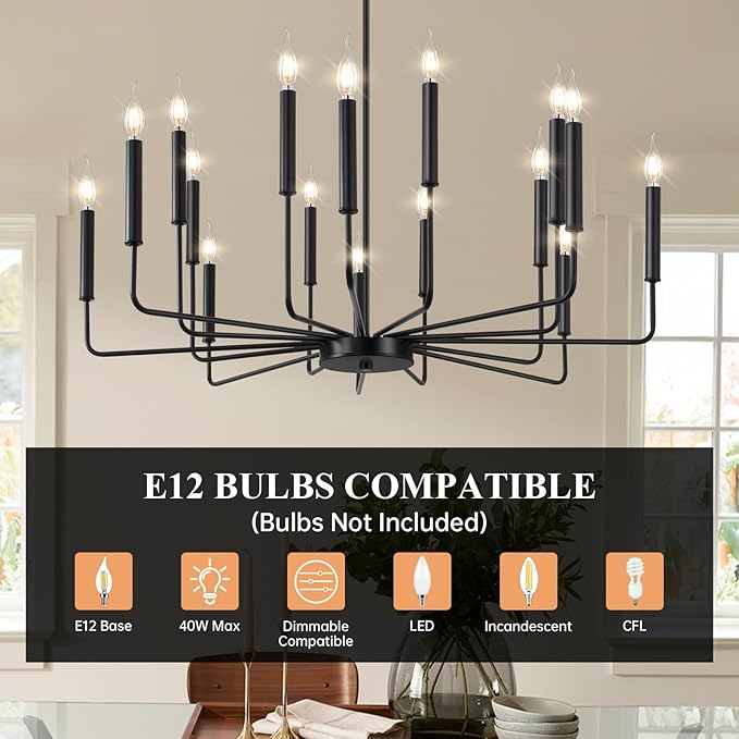Qamra Farmhouse Black Chandelier for Dining Room, 16-Light Modern Candle Chandelier Light Fixture, Rustic Industrial Hanging Chandeliers Lighting for Living Room, Kitchen, Staircase, Entryway