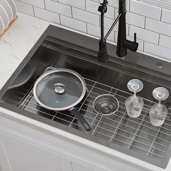 SHACO 33x22 Black Drop In Kitchen Sink, 33 Inch Gunmetal Black Stainless Steel Top Mount Single Bowl Overmount Double Ledges Workstation Sink with Accessories