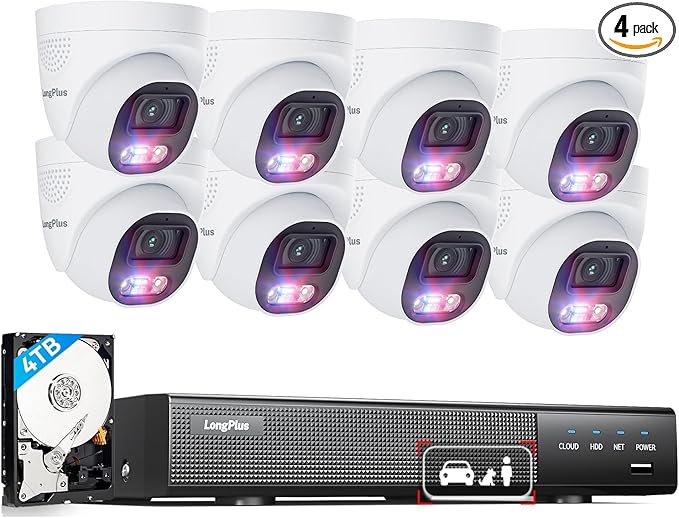 LongPlus 4K PoE Security Camera System, 12MP H.265+ 16CH NVR with 4TB HDD for 24-7 Recording, 8pcs Wired Home Security Camera System, Person Vehicle Pet Detection, CCTV for Businesses Home, LP8MEF8D1