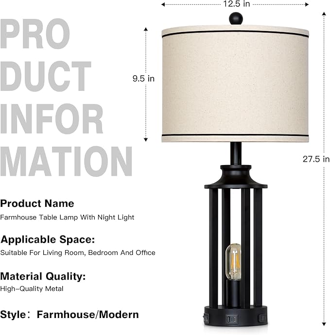 27.5" Black Farmhouse Table Lamps Set of 2, Tall Vintage Lamps for Living Room with USB A+C Charging Ports & AC Outlet, Rustic Bedside Lamp with Night Light, Bedroom Lamp for Nightstand Side End Table