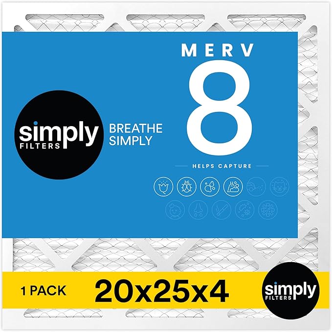 Simply 20x25x4 Air Filter, MERV 8, MPR 600, 1 Pack, Furnace Air Filter for HVAC (Actual Size:19.5"x24.5"x3.63") DUST, Pet, & Allergy Control