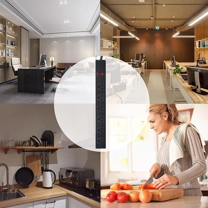 Metal Wall Mount Power Strip, Mountable Power Outlet with 6 AC Outlets, Aluminum Alloy Mount Power Socket with Switch, 10 FT SJT 3/C 14AWG Power Cord, 15A 125V 1875W (6AC) Black