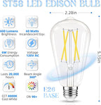 Edison Bulbs, E26 LED Bulb 60 watt Equivalent, Non-Dimmable, Cool White 4000K, ST58 Vintage Light Bulbs, 90+ CRI, 6W, 600LM, E26 Medium Base, Clear Glass, 12 Pack