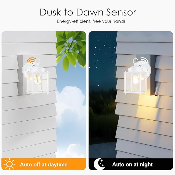 GRUENLICH Dusk to Dawn Outdoor Wall Lantern, Exterior Wall Sconce Light Fixture, Outside Porch Lighting with Clear Glass for House, Patio, White, 2 Pack