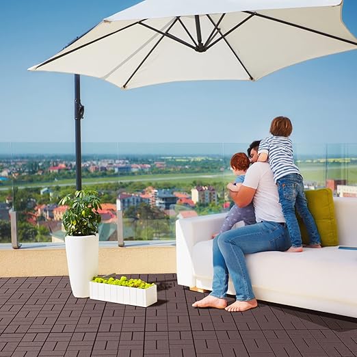 Goovilla Plastic Interlocking Deck Tiles, 9 Pack Outdoor Patio Flooring, 12"x12" Interlocking Decking Tile Outdoor All Weather Use, Waterproof Patio Pavers for Pool Balcony Backyard Porch, Dark Brown