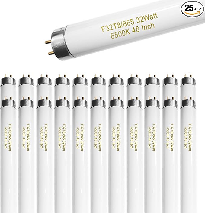25 Pack F32T8/865 32W 48 Inch T8 Fluorescent Tube Light Bulb 6500K Daylight, 4ft Fluorescent Bulb 2500 Lumens, F32T8/865/DX G13 Medium Bi-Pin Base