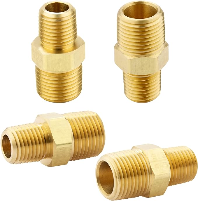KOOTANS 3/8 NPT x 1/4 NPT Male Solid Brass Hex Nipples, Heavy Brass Pipe Adapter Fittings Reducing Nipples Connectors 4Pieces