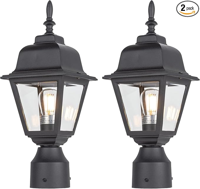 LIT-PaTH Outdoor Post Lighting Fixture Pole Lantern, E26 Medium Base Max 60W, Aluminum Housing Plus Clear Glass, Bulb Not Included, Matte Black Finish, 2-Pack