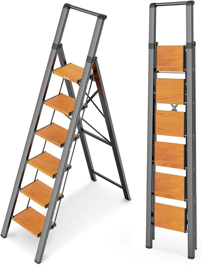 WOA WOA Step Ladder 6 Step Folding, Foldable Tall Ladder with Handrail, Aluminum Stepladder for High Ceilings, Lightweight, Deep Pedals, Anti-Slip Feet, Capacity 300 lbs - Black & Wood Grain