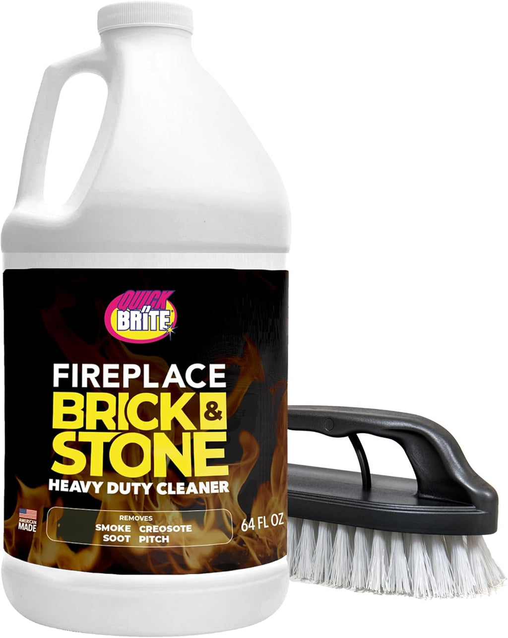 Quick N Brite Fireplace Gel Cleaner with Scrub Brush for Brick, Stone, Rock, Tile, and Marble, Nonabrasive Fireplace Cleaner, Made in the USA, 64oz