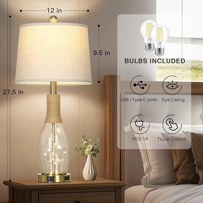 27.5" Coastal Glass Table Lamps Set of 2, Touch Control 3-Way Dimmable Modern Table Lamps with USB A+C Ports & AC Outlets, Farmhouse Rustic Boho Vintage Night Light for Living Room Bedroom Gold Ocean
