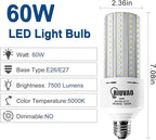 60W LED Corn Bulb 500W Equivalent Led Light Bulb 7500 Lumen Bright 5000K Daylight White E26/E27 Medium Base for Large Area Outdoor Indoor Garage Warehouse Factory Backyard