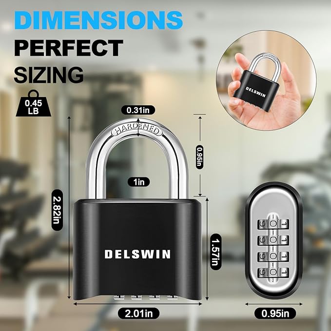 DELSWIN 4-Digit Combination Lock Outdoor Padlock - Heavy Duty Locker Lock with Hardened Steel Shackle, Waterproof Combo Lock for Gym Locker, Hasp Storage, Shed, Fence, Gate (Black,1Pcs)