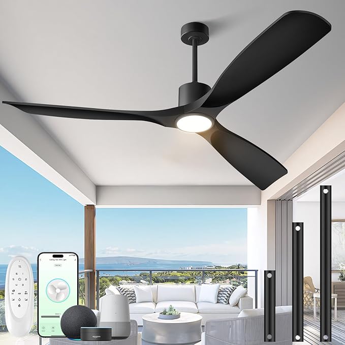 60" Smart Ceiling Fan with Lights,Outdoor Ceiling Fan 3 Blade,Work with Alexa/Gg/App/Remote,3-Color Light 6-Speed Quiet Reversible DC Motor for Patio Porch Bedroom,Black