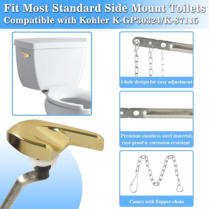 Toilet Handle Replacement Kit, Universal Side Mount Toilet Tank Flush Lever with Stainless Steel Flapper Chains Compatible with Kohler K-87115 Trip Lever, Polished/Shiny Gold