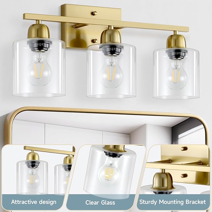 Modern Brushed Gold 3 Light Bathroom Light Fixtures, 19 inch Vanity Lights for Bathroom with Clear Glass for Mirror Kitchen Living Room Hallway Cabinet Porch