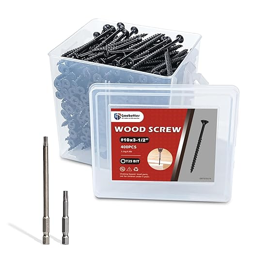 Deck Screws 3-1/2 Inch, 400 Pcs Wood Screws #10 x 3-1/2" for Construction Fence, Rust Resistant, Torx/Star Drive Head, 2 Pcs T25 Star Bits Included, Black