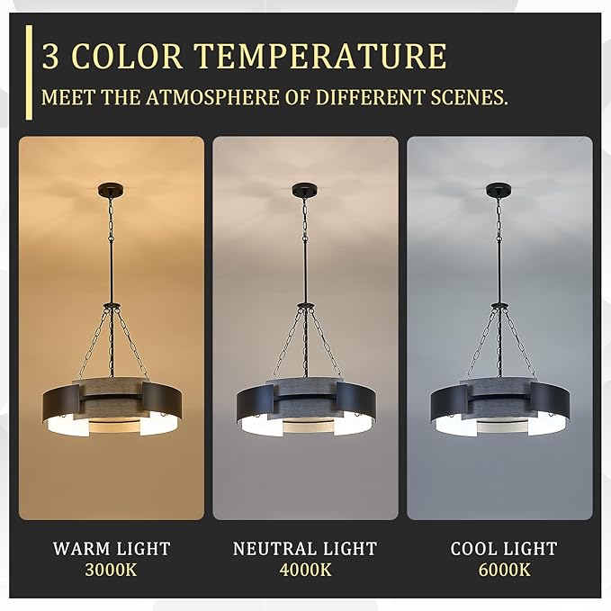 Industrial Drum Chandelier 24" 6-Light Modern Chandelier Black Metal Hanging Light Fixture Weathered Wood Grain for Living Dining Room Foyer Entryway Kitchen