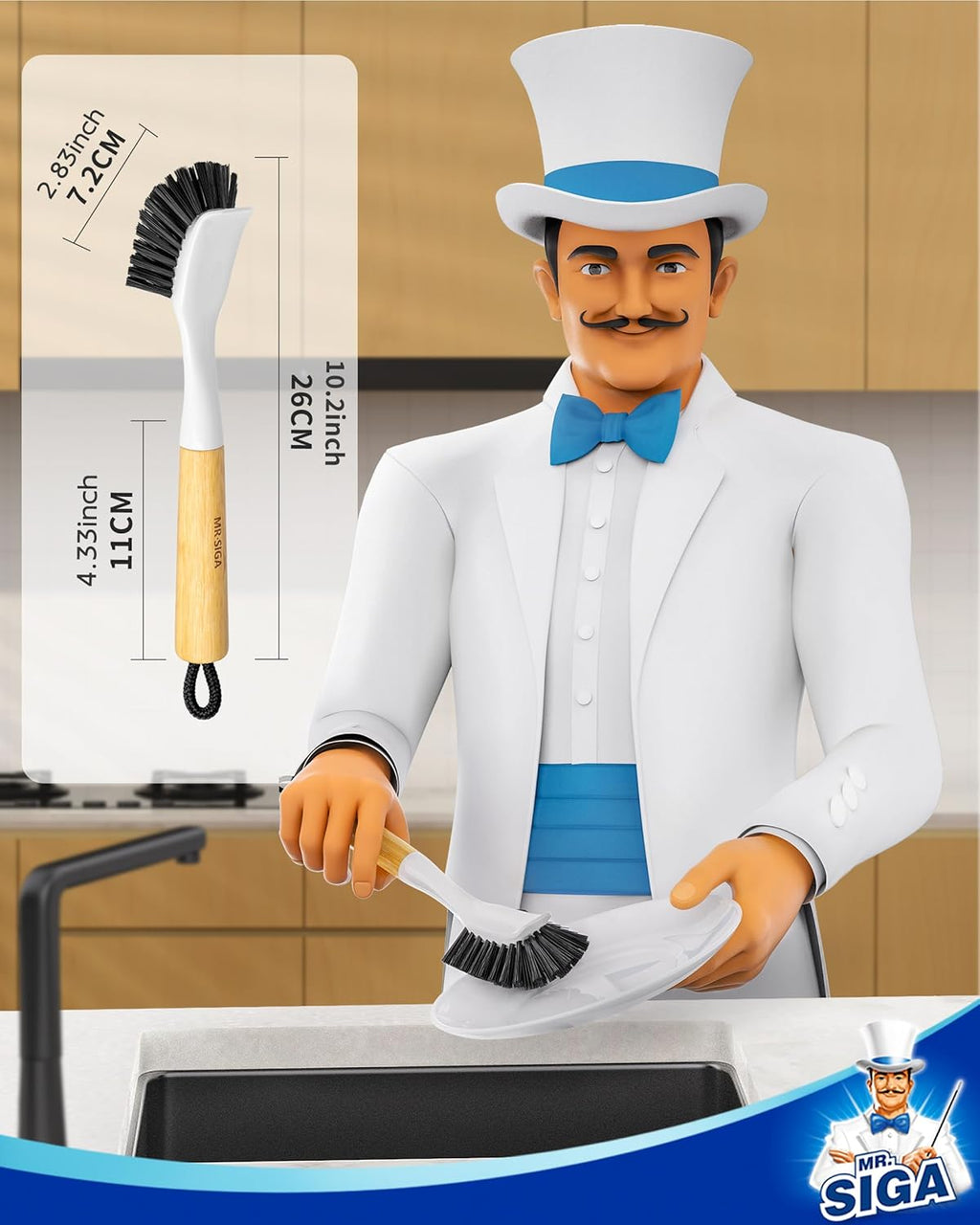 MR.SIGA Dish Brush with Handle, Dish Scrub Brush, Bamboo Dish Brush, Safe on Nonstick Pots, Pans, 2 Pack