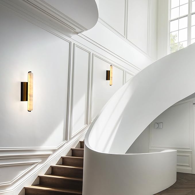 Alabaster Wall Sconces Set of Two, 15in Black Alabaster Sconce, Modern Spanish Natural Marble Sconces Lights, Rectangle Sconces for Bathroom Vanity Bedroom Living Room Staircases Hallway