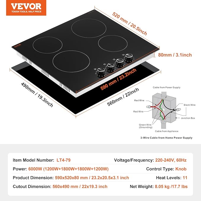 VEVOR Electric Ceramic Cooktop, Built-in Electric Stove Top, with Glass Panel, Knob Control, 11 Heat Levels, for Diverse Cooking Requirements (24inch-4burners/220V)