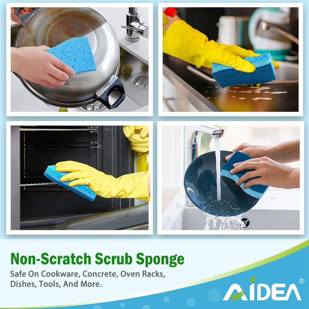 AIDEA Sponges Kitchen, Non-Scratch Scrub Sponge, 12Count, Sponges for Non-Stick Cookware, Kitchen Sponge for Dishes, Cleans Fast Without Scratching, Cleaning Power for Kitchen, Bathroom, Household