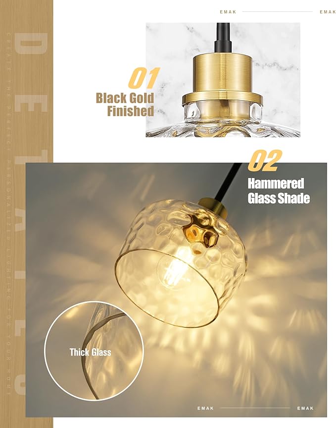 Emak Modern 8 Inch Pendant Lights Kitchen Island, Black and Gold Pendant Light Fixtures with Hammered Glass Shade, Farmhouse Island Lights for Kitchen, Dining Room, Bathroom, PL122-BKBGD-HG