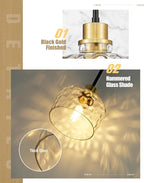 Emak Modern 8 Inch Pendant Lights Kitchen Island, Black and Gold Pendant Light Fixtures with Hammered Glass Shade, Farmhouse Island Lights for Kitchen, Dining Room, Bathroom, PL122-BKBGD-HG