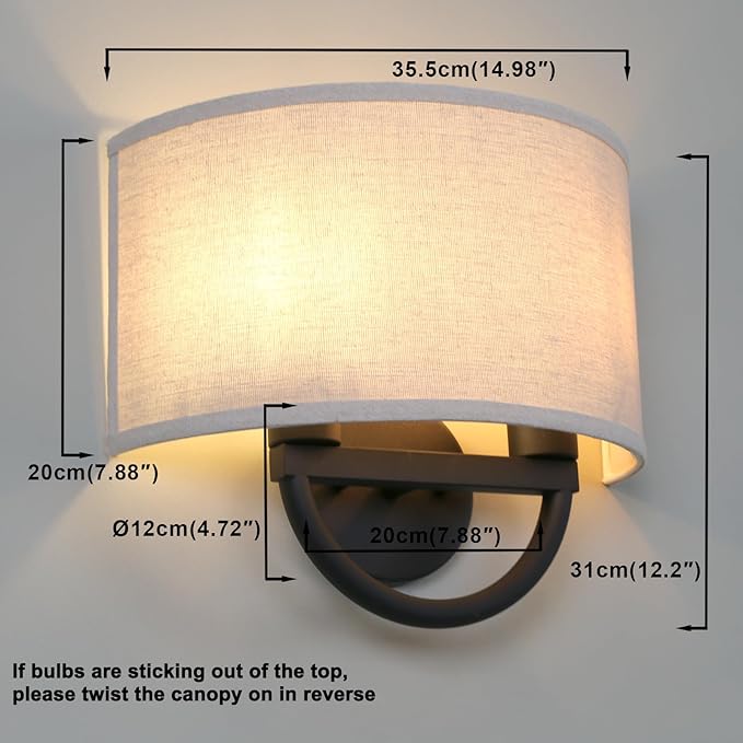Yosoan 2-Light Linen Fabric Cloth Boho Wall Sconce Hallway Fixture Light, Dual Indoor Hardwired Vanity Vintage Wall Mount Lighting Semicircle Fabric Lamp Shade for Bedroom Stairwell Study Gallery