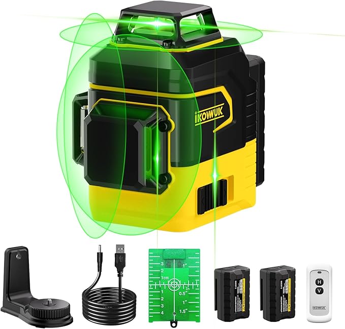 IKOVWUK 3x360° Laser Level, Level for Construction Picture Hanging Floor,12 Lines Self-leveling Laser Level Line with Upgraded Flash Mode, 2X 3000MAH Battery