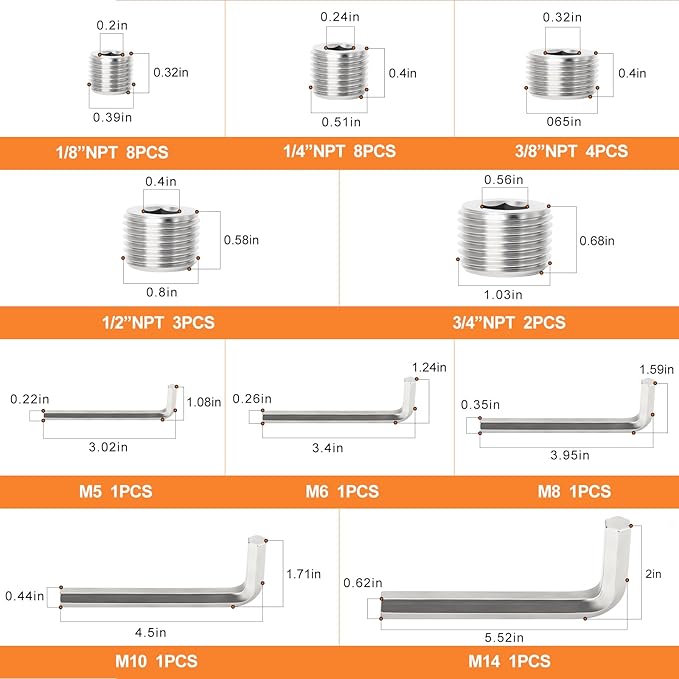 GASHER 25PCS Stainless Steel Internal Hex Thread Socket Pipe Plug Fitting 1/8" 1/4" 3/8" 1/2" 3/4" NPT Male