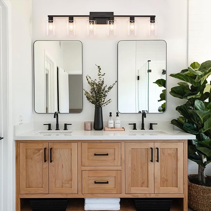 6-Light Vanity Lights,Large Vanity Light for Bathroom Black Vanitii Lights with Clear Glass Shade,Bathroom Light Fixtures Over Mirror
