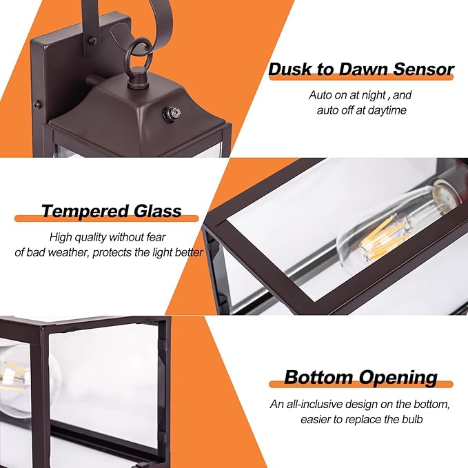 Dusk to Dawn Wall Lights 2 Pack, Oil Rubbed Bronze Outdoor Light Fixtures Wall Mount, 15 Inch Exterior Wall Sconces Waterproof, Large Outside Lights for House, Modern Wall Lanterns Brown