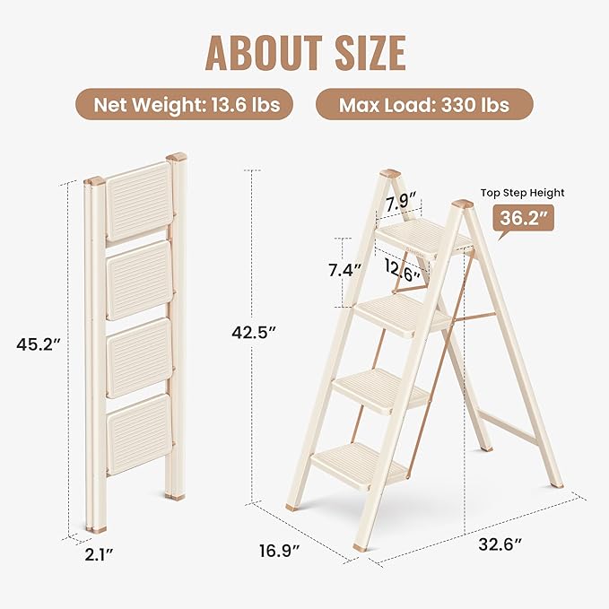 GameGem 4 Step Ladder, 4 Step Stool for Adults, Folding Step Ladder with Secure Footing, Widened Pedal, Aesthetically Pleasing Looking, Blends Right into Domestic Rooms, Cream Chocolate
